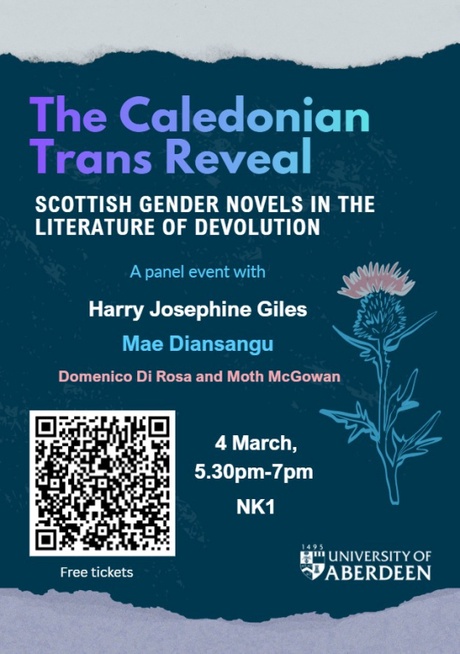 Poster for The Caledonian Trans Reveal, a blue and white poster with an illustration of a thistle, along with a QR code for booking and details of the speakers