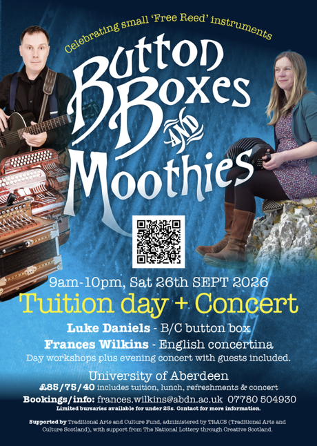 Poster for the event, showing Luke Daniels and Frances Wilkins, holding instruments in front of a blue background, with the details of the event in white letters.