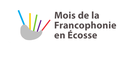 Logo for "Mois de la Frasncophone en Écosse", showing a set of bagpipes, with colourful pipes coming from them.