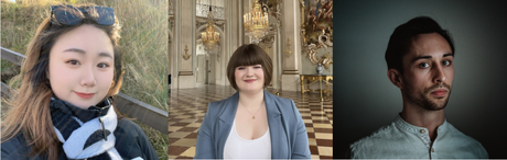 Postgraduate students Yi Wang (outdoors in front of a grassy field), Elizabeth Walsh (in an elaborate historical ballroom), and Conner McCain (in front of a grey and black background).
