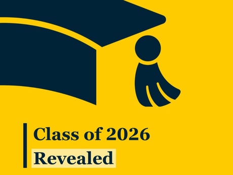 Navy and yellow graphic with the words Class of 2026 revealed on it