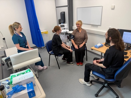2 students, a patient and GP Clinical Senior Lecturer Dr Aisling Halliday.