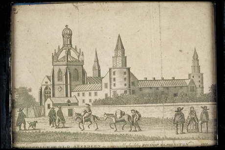 Black and white etching of King's College (as originally built by Bishop Elphinstone) from the painting by George Jamesone
