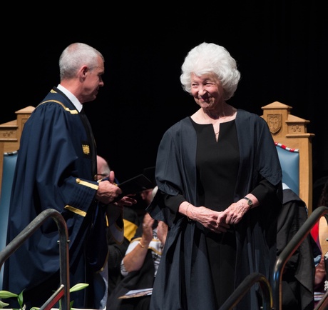 Margaret Carlaw receiving a Master of the University degree in 2017