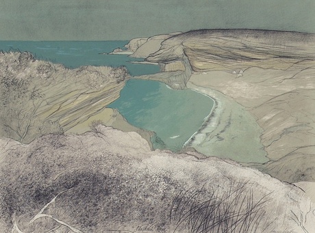 Frances Walker, Clashach Cove (North Sea Glimpses), 1996, lithograph and screenprint, 46.3 x 61.5 cm. Peacock Archive, Aberdeen Archives, Galleries & Museums. &copy; Frances Walker (2007)