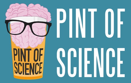 Pint of Science logo - a pint glass with a brain and glasses