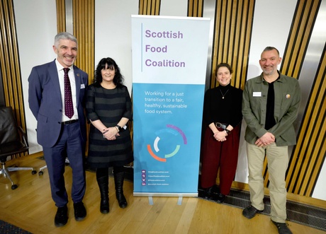 from left) Derek Walker (Future Generations Commissioner for Wales), Professor Wendy Russell (Chair of Scottish Food Coalition), Mairi Gougeon (Cabinet Secretary for Rural Affairs, Land Reform and Islands) and Simon Kenton-Lake, Scottish Food Coalition Coordinator.