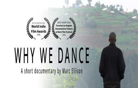 Poster with the words 'Why we dance' looking over Rwandan landscape