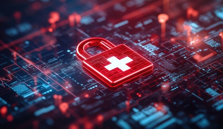 A graphic of a health icon amongst some digital/data imagery