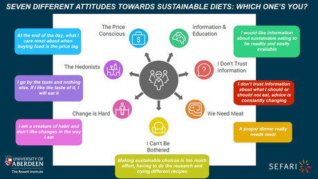 A graphic showing each of the seven attitudes towards sustainable diets identified by the research