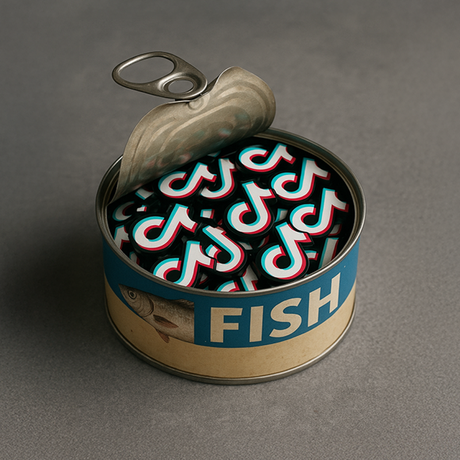 A tin marked "fish" that has been partially opened to show the contents are individual TikTok logos