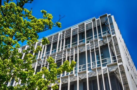 Exterior shot of the Rowett Institute building with blue sky and a tree