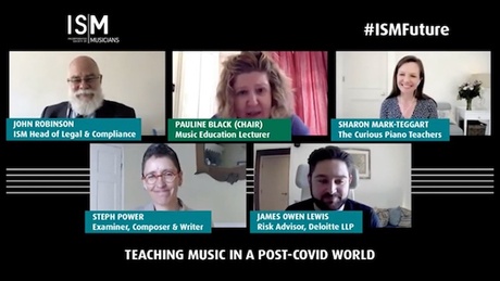 This picture shows John Robinson, ISM Head of Legal & Compliance; Pauline Black (Chair), Music Education Lecturer; as well as Sharon Mark-Teggart, Steph Power and James Owen Lewis.