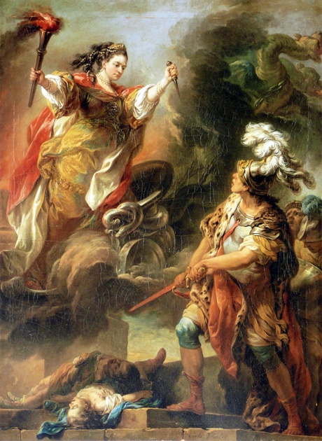 Classical painting of a woman with a dagger and flaming torch, above a man and a couple of deda bodies