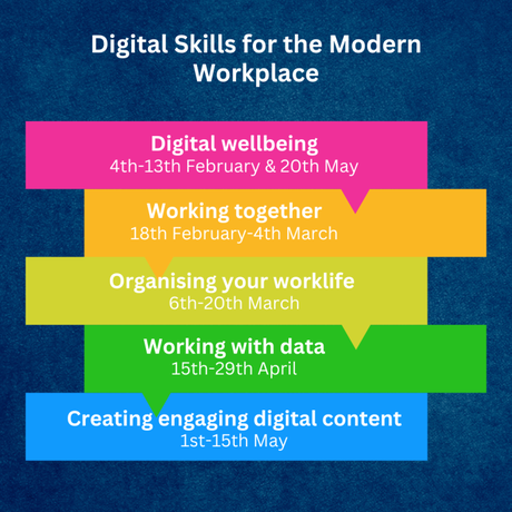 Digital Wellbeing 4-13 February, Working Together 18 February-4 March, Organising your worklife 6-20 March, Working with data 15-29 April, Creating engaging digital content 1-15 May