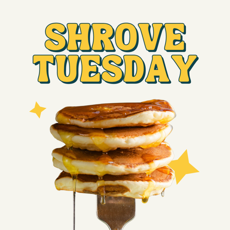 Image of pancakes on a fork with syrup with text 'Shrove Tuesday'