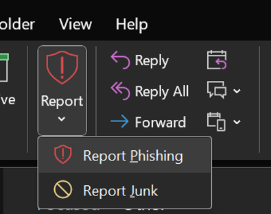 A screenshot showing how to report phishing emails