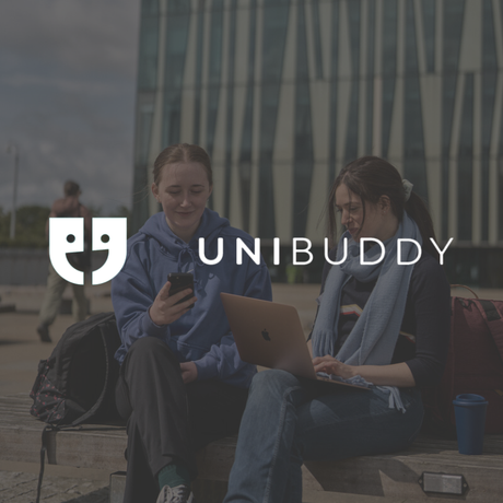 Two students on a mobile and a laptop outside Sir Duncan Rice Library with the Unibuddy logo on top