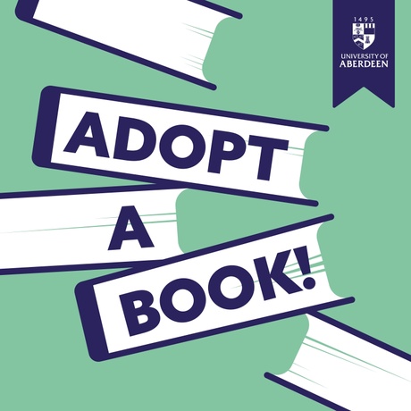 A green background with graphics of book ends with the text 'Adopt a Book' on them