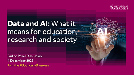 Pink graphic with "Data and AI: What it means for education, research and society. 4 December"