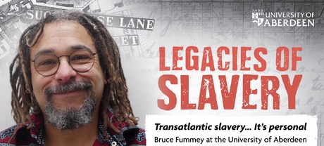 A collage background of newspaper clippings and maps with a photo of Bruce Fummey on top