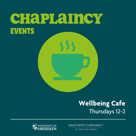 An icon of a coffee mug with details of the Wellbeing Cafe surrounding it