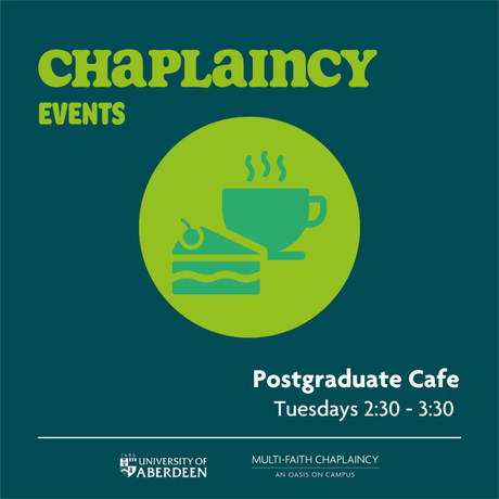 An icon of a coffee mug and cake with details of the Postgraduate Caf&eacute; surrounding it