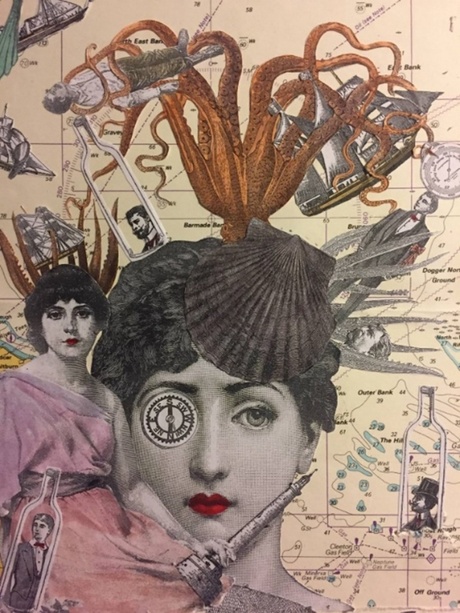 A collage of different images such as women, animals, objects