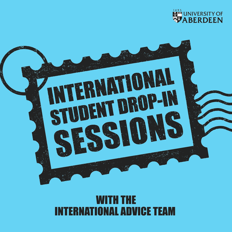 An image with text on it that reads International Student Drop-in Sessions with the International Advice Team