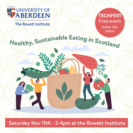 An illustration of people surrounding a bag of vegetables. The text reads 'Healthy, Sustainable Eating in Scotland. TechFest, free event, ticket infor below. Saturday Nov 11th, 2-4pm at the Rowett Institute.