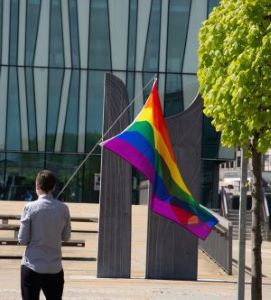 Pride flag outside Sir Duncan Rice Library