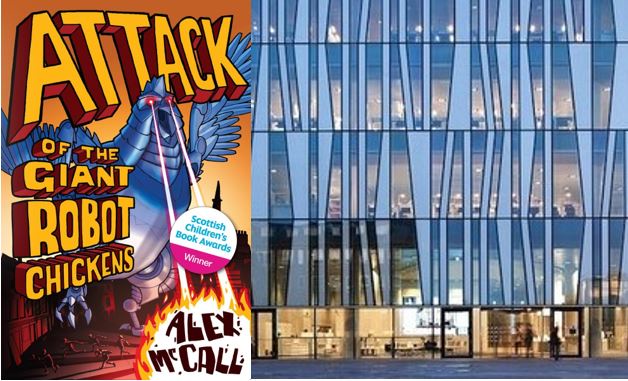 On the left the cover of Alex's comic books includes the words 'Attack of the Giant Robot chickens' with an image of a giant metal chicken shooting laser beams out of its eyes. on the right is an image of the sir duncan rice library, a square building made of glass in different shades of blue.