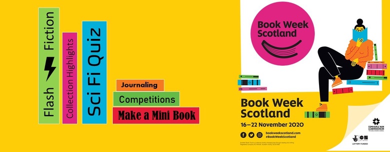 Book week Scotland poster; an animated style picture of books on a yellow background. to the right a figure is seen seated on a pile of books, reading one herself.