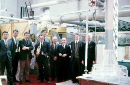 Hydraulics Research Group and collaborators (1968), from right to left: Mr J. Low (Dept. Superintendent), D.W. Knight, Prof. J. Allen, K.C. Imrie, J.F. Robbie (behind), G.D. Matthew, J.M. Townson, B.B. Willetts, unidentified visitor.