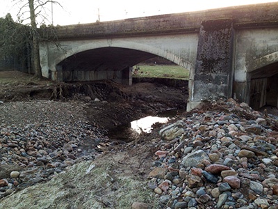 Scour damage underneath Aboyne Bridge after the flood
