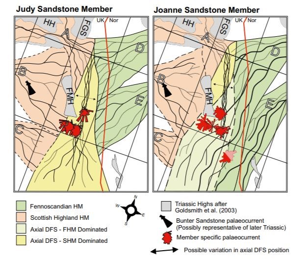 Schematic depositional systems produced using palaeocurrent measurements, facies analysis, heavy mineral analysis and DFS models. Judy Sandstone Member systems show an axial DFS pinned in the Central Graben region by lateral DFS sourced from Scottish and Fennoscandian highlands. The Joanne Sandstone Member systems show an increase in dominance of the Fennoscandian eastern-sourced DFS and a decrease in western-sourced DFS. This leads to the Fennoscandian DFS dominating the axial DFS. FMH, Forties Montrose High; FGS, Fladen Ground Spur; HH, Halibut Horst. From Gray et al. 2020
