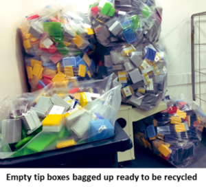Image of pipette tips bagged up ready for recycling