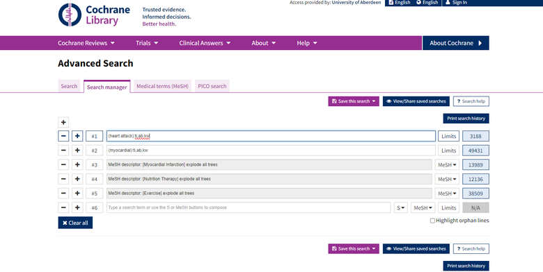 Screenshot shows how to create a search strategy in Cochrane