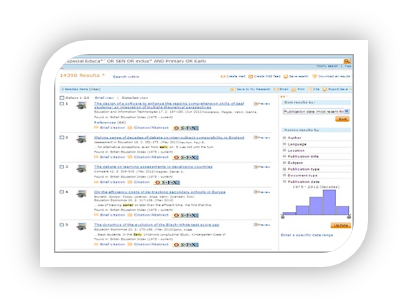 Screenshot of search results in database