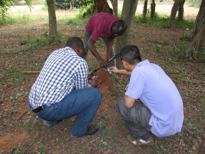 Dr Kwaku Kyeremeh and assistant (University of Ghana) and Dr Hai Deng sampling northern Ghanaian soils