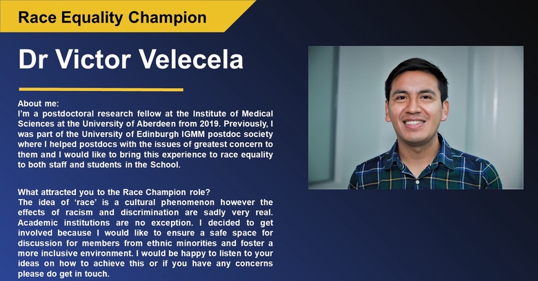 Image and information on Race Equality Champion Victor Velecela and also links to PDF version