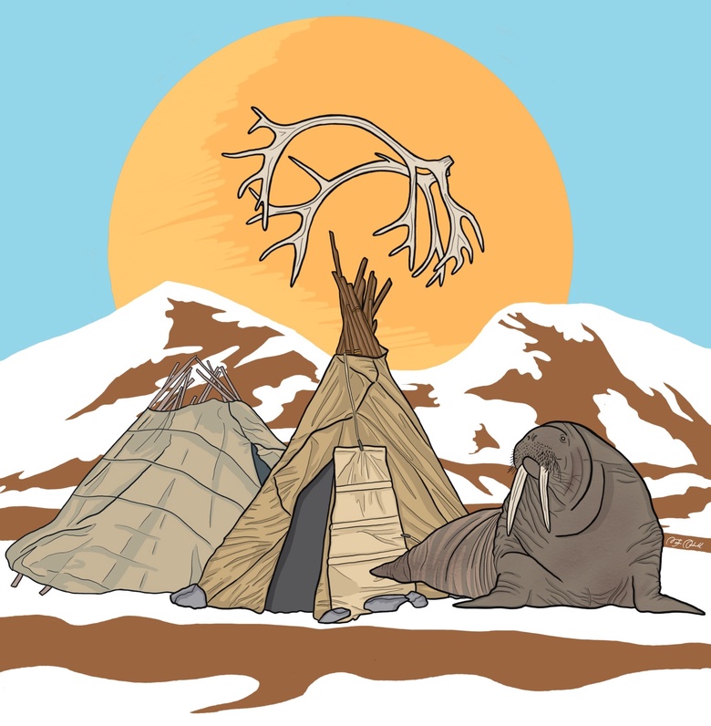 ArcHeritage logo. A drawing with two Sami conical tents, reindeer antlers and a walrus. The background is made of snowy mountain and a big sun.