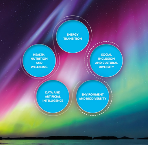 Five circles containing the text of the Aberdeen2040 interdisciplinary challenges set against a background of the aurora borealis