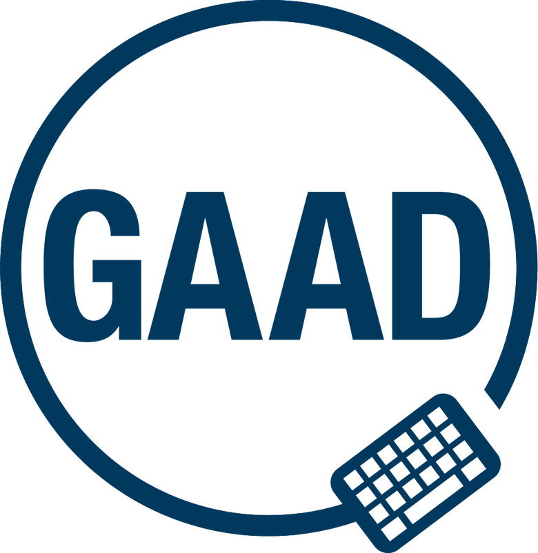 A navy blue logo for Global Accessibility Awareness Day. It has the letters GAAD in a circle with a keyboard at the bottom.