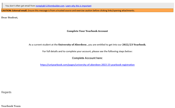 An example of the uniyearbook.com spam email students recieved