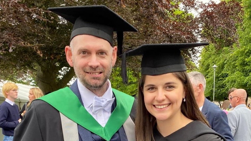 Dr Malcolm Harvey congratulates Politics &amp; IR graduate Lily Macdonald 