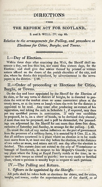 RAD002, Directions from The Reform Act for Scotland Relative to the arrangements for Polling, and procedure at Elections for Cities, Burghs, and Towns.