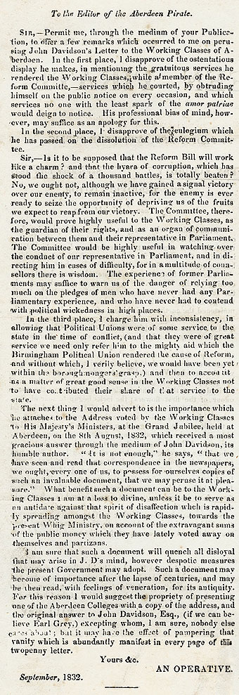 RAD007, Letter to the Editor of the Aberdeen Pirate about Reform