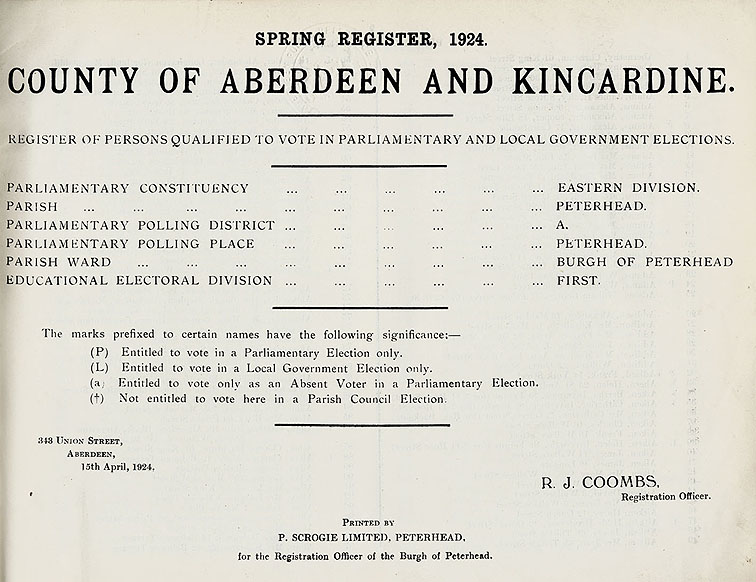 RAD024, Peterhead Poll Book, Spring 1924