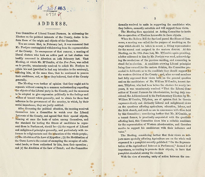 RAD044, Address to the parliamentary electors by the Liberal Committee for Aberdeenshire